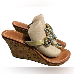 Mystique Boutique Beige Suede Wedge Sandals with Jeweled Accent